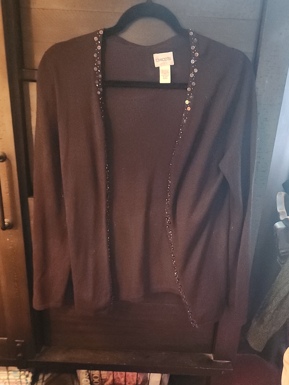 Chico's Brown Beaded Open-Front Cardigan